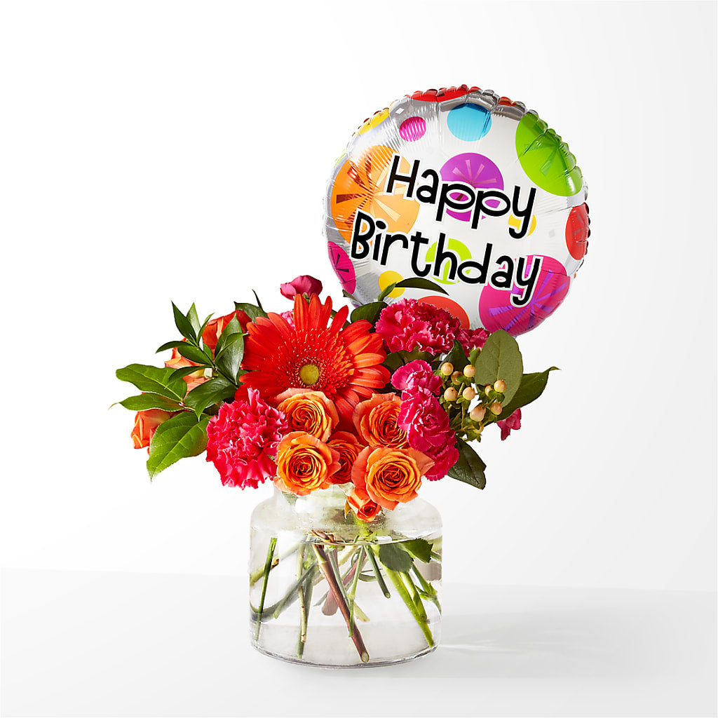 Fiesta Bouquet with Birthday Balloon – Greenwich Blooms Florist Inc, Greenwich CT