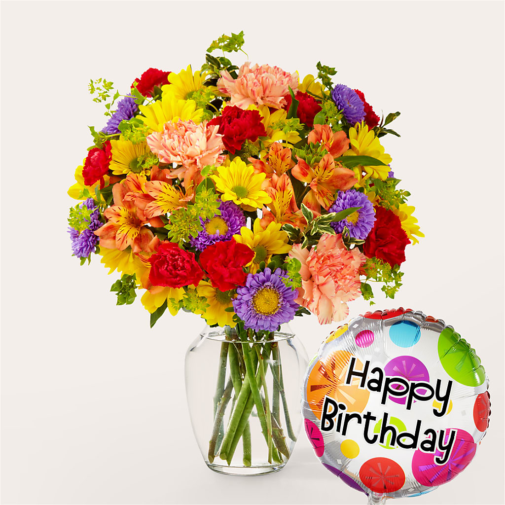 Kaleidoscope Bouquet with Birthday Balloon – Greenwich Blooms Florist Inc, Greenwich CT