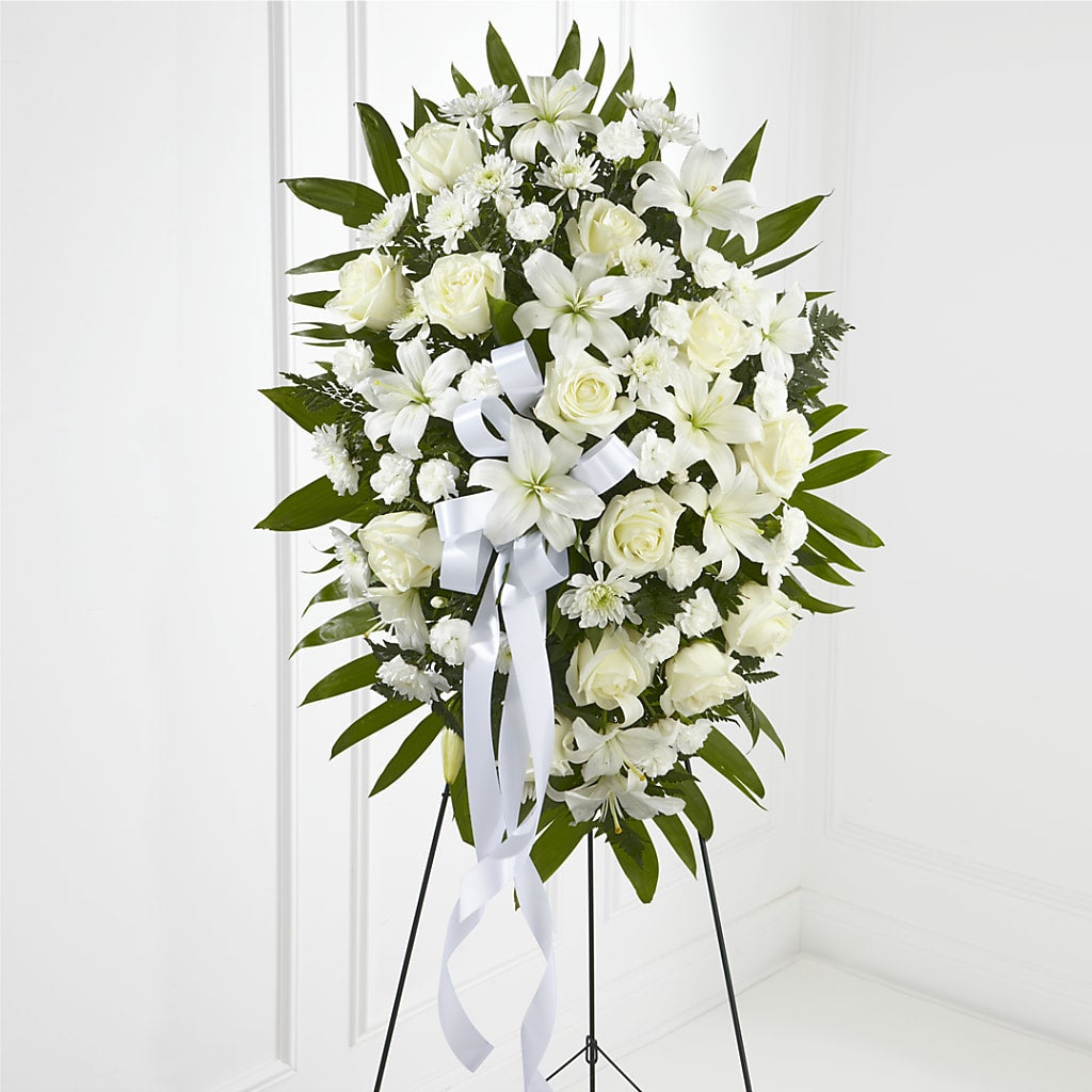 Exquisite Tribute Standing Spray-White Ribbon – Greenwich Blooms Florist Inc, Greenwich CT