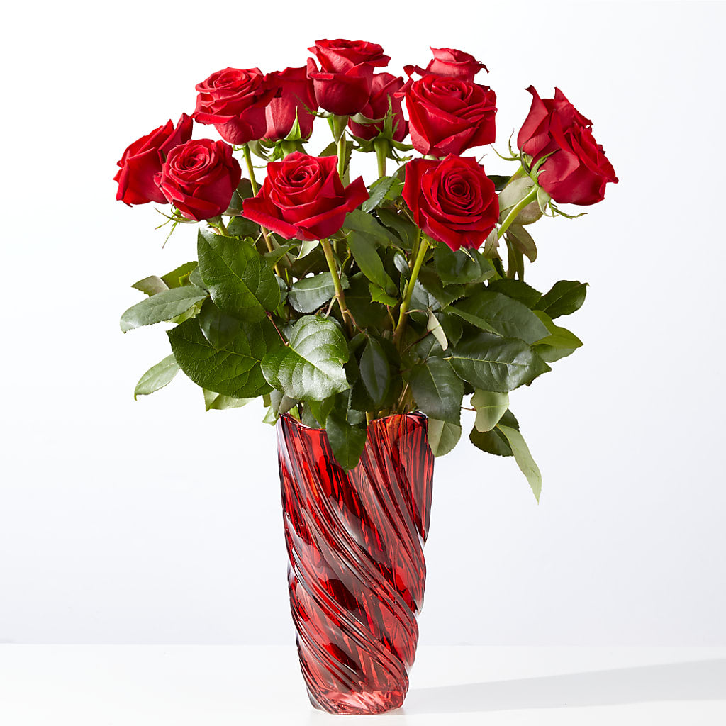 Classic Love Red Rose Bouquet with Luxe Swirl Vase – Greenwich Blooms Florist Inc, Greenwich CT