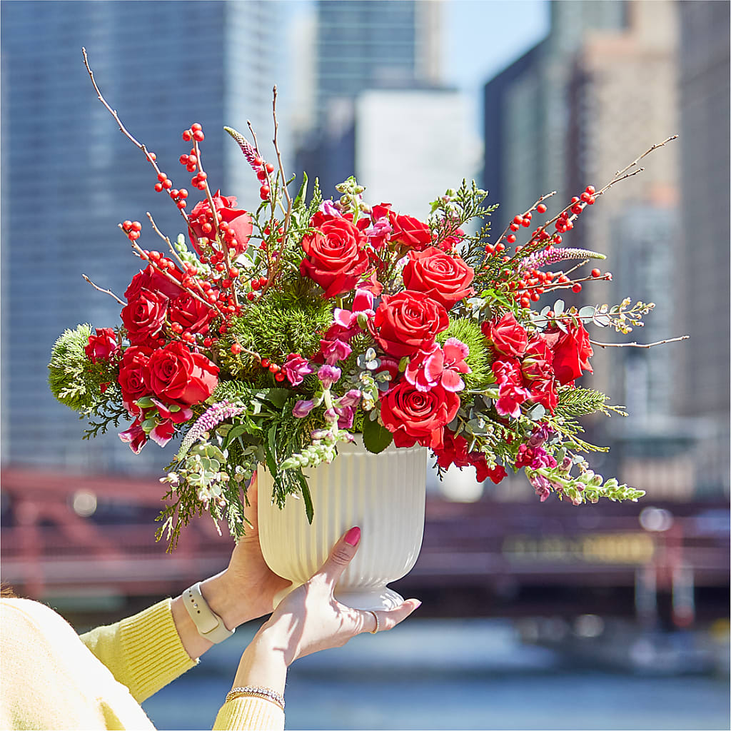 Big Red Bow Bouquet –  Greenwich Blooms Florist Inc, Greenwich CT