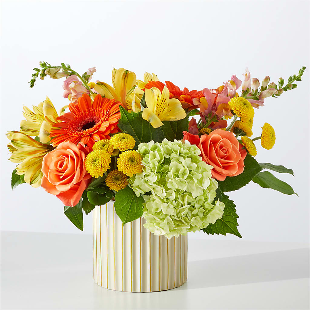 Autumn Sunshine Bouquet with Ivory Vase –  Greenwich Blooms Florist Inc, Greenwich CT