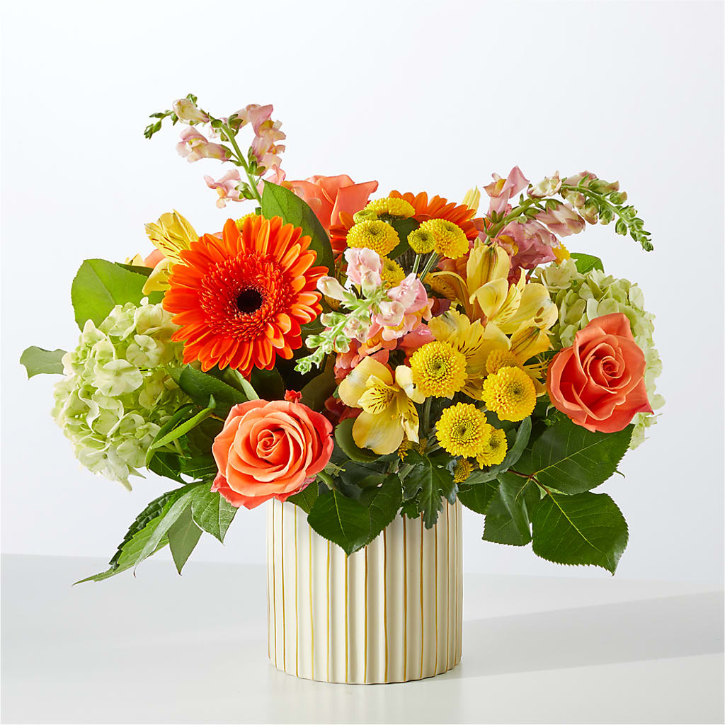 Autumn Sunshine Bouquet with Ivory Vase –  Greenwich Blooms Florist Inc, Greenwich CT