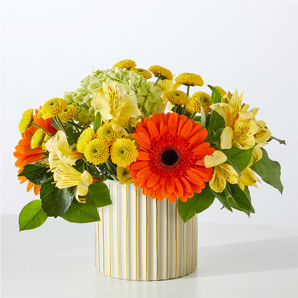 Autumn Sunshine Bouquet with Ivory Vase –  Greenwich Blooms Florist Inc, Greenwich CT